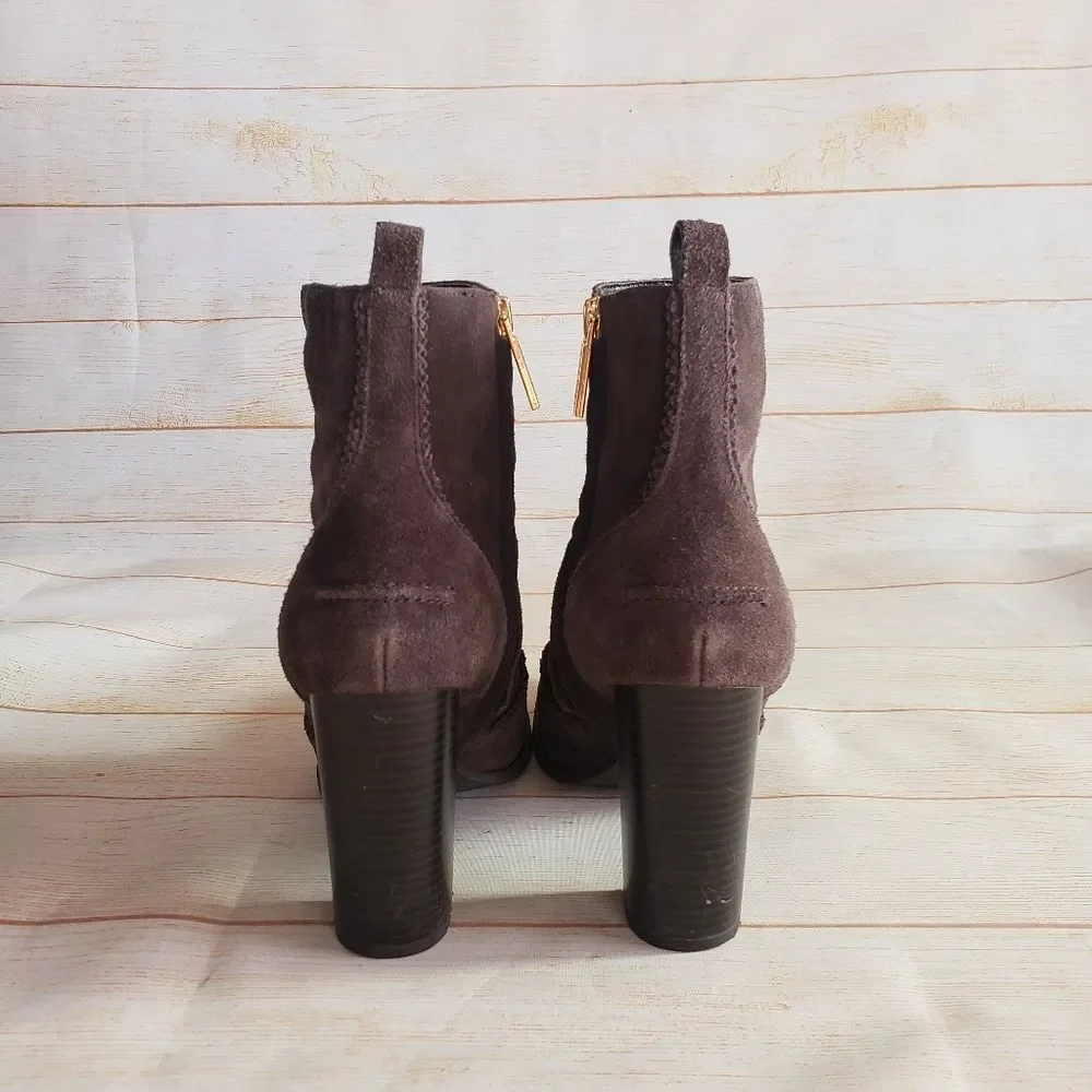 Nine West Suede Block Heel Almond Toe Ankle Boots Booties Dark Brown Size 8M